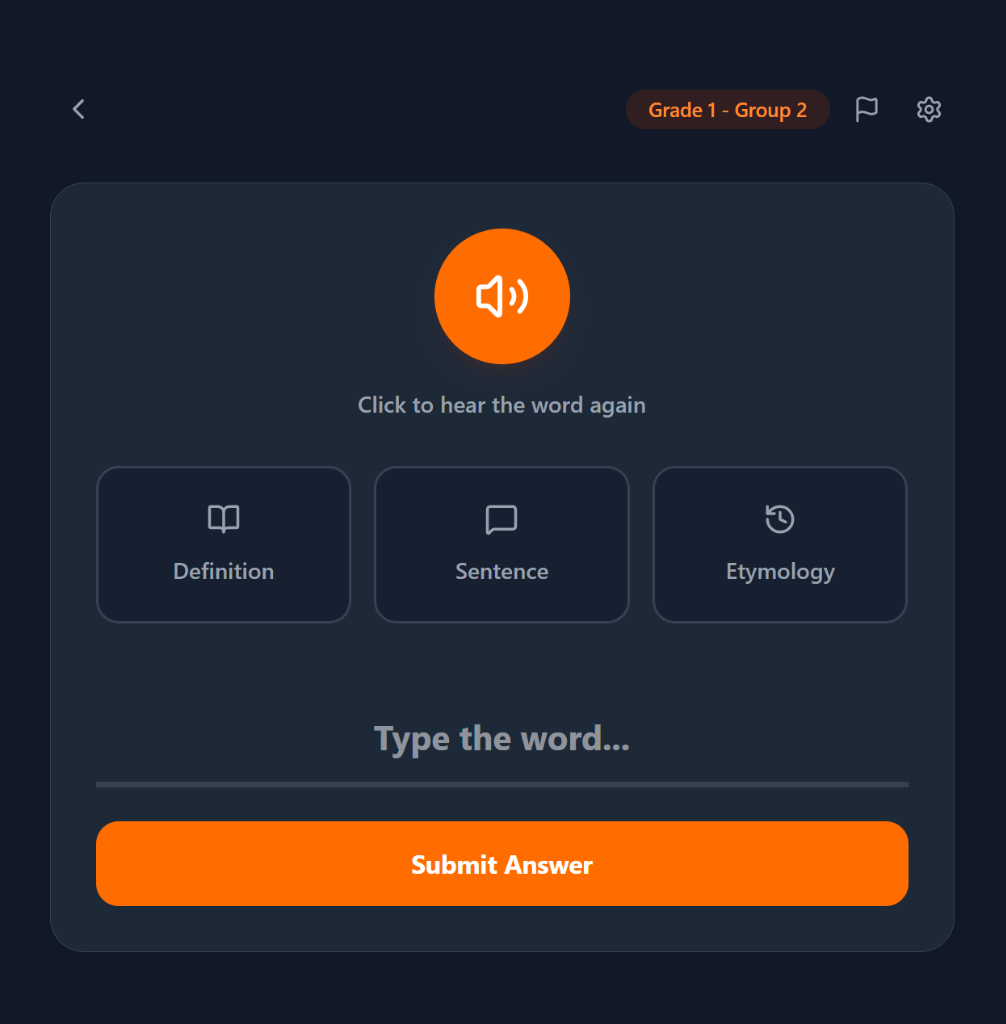 Actual Spelling Cat Answering Screen (Dark Mode)